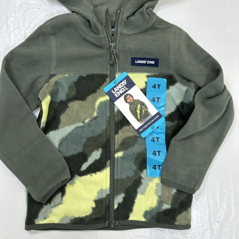 Lands End Green Camo Full Zip Fleece Jacket Boy's Size 4  NWT